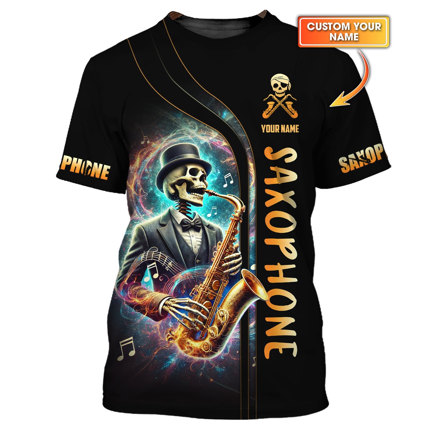 Camisetas personalizadas con diseño de esqueleto de artista tocando el saxofón Camiseta 3D de saxofón Regalo para amantes del saxofón