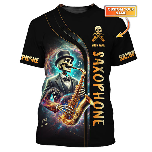 T-shirts personnalisés d'artiste squelette jouant du saxophone T-shirt 3D Saxophone Cadeau pour les amateurs de saxophone