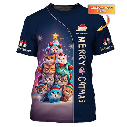 Merry Catmas Custom Name 3D T-Shirts Christmas Cat Tree Shirt Gift For Christmas Day