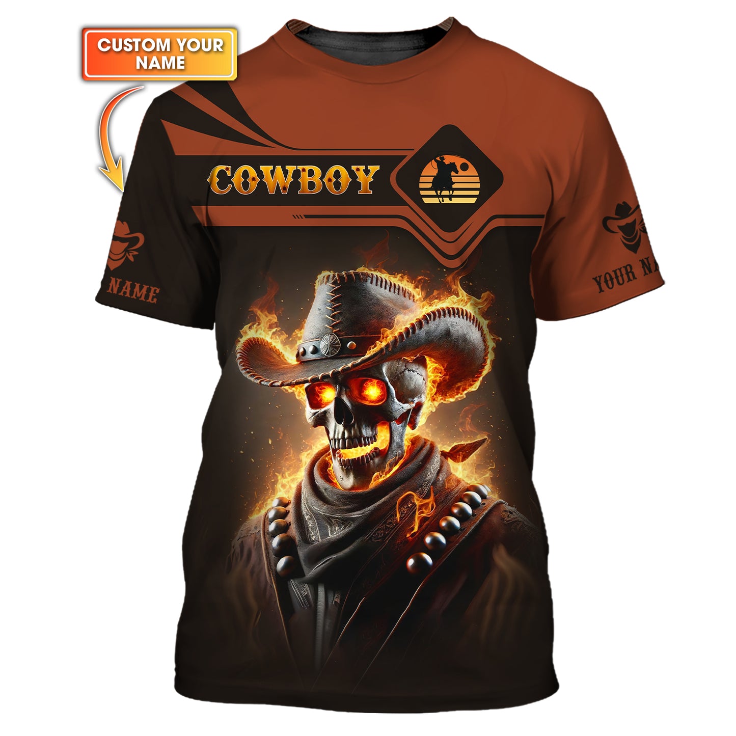 3D Full Print Cowboy Skeleton With Fire T-Shirts Personalized Name Gift For Cowboy Lovers