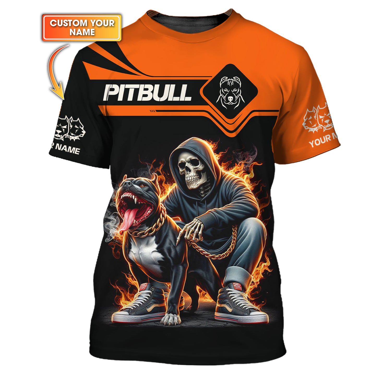 Camiseta con nombre personalizado de Pitbull con calavera de fuego, regalo para amantes de los perros, camisetas 3D