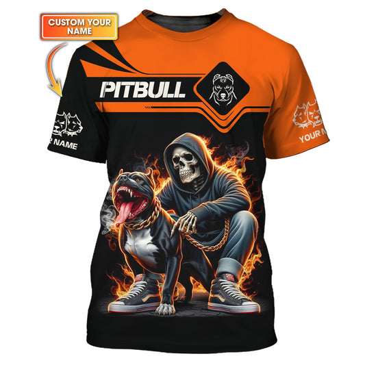 T-shirt personnalisé avec nom Pitbull avec crâne de feu, cadeau pour les amoureux des chiens, chemises 3D