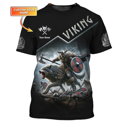 3D Full Print Viking Warrior Riding Wolf T-Shirt Personalized Name Gift For Viking Lovers