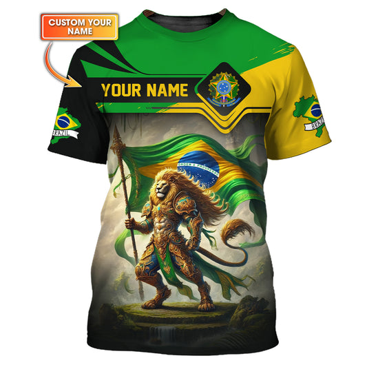 Custom T-Shirt Majestic Brazilian Lion Warrior Personalized Name Gift For Brazilian Lovers