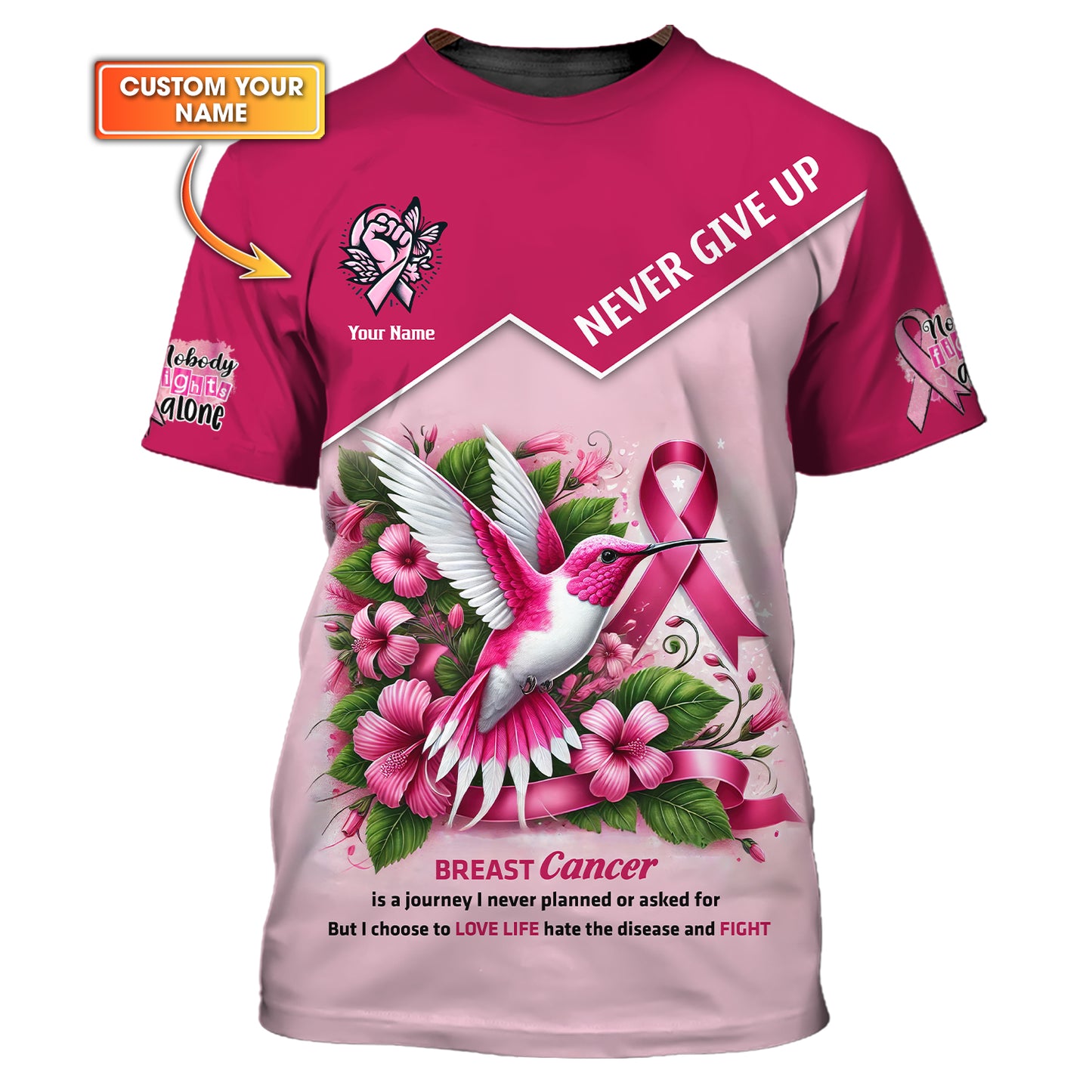 Hummingbird Breast Cancer Awareness Custom Name Shirt Never Give Up Gift For Cancer Survivor