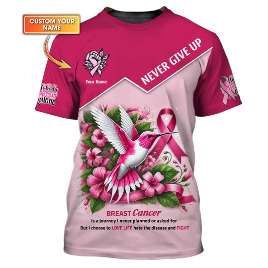 Camiseta con nombre personalizado para concientizar sobre el cáncer de mama con forma de colibrí. Nunca te rindas. Regalo para sobrevivientes de cáncer