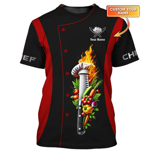 Camisa personalizada con nombre de chef con estampado 3D completo y borde de verduras, regalo para amantes de los chefs