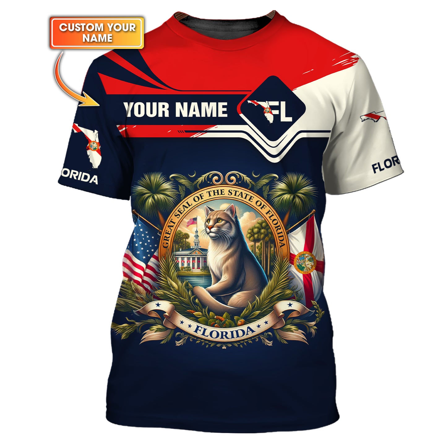 Coat Of Arms Florida Custom T- Shirts Gif For Floridian Lover 3D Shirt