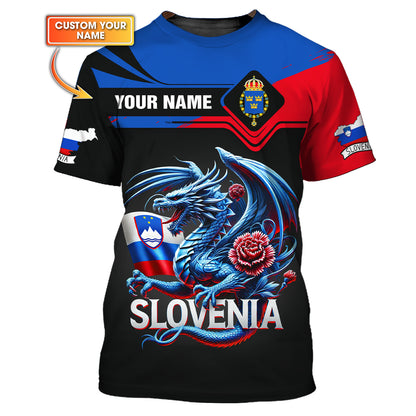 T-shirt 3D Full Print Slovenia Dragon Pride Cadeau personnalisé avec nom pour les amoureux slovènes