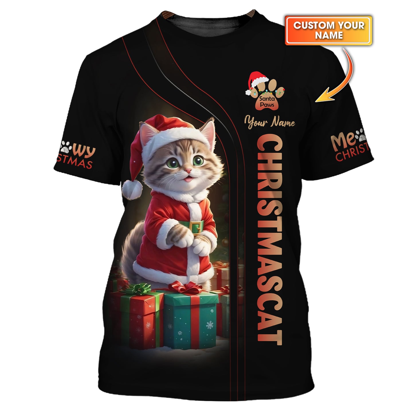 Christmas Cat Custom Name T-Shirts Cat Santa With Gifts Box 3D Shirt Gift For Cat Lovers