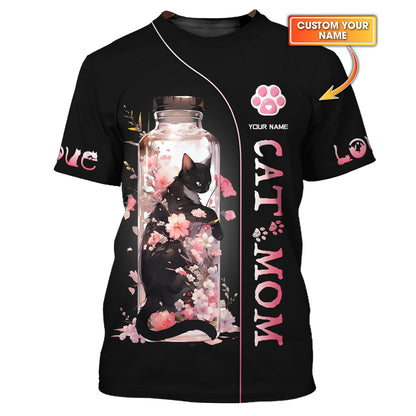 Camiseta 3D personalizada con nombre de gato negro en un frasco de flores de cerezo para amantes de los gatos