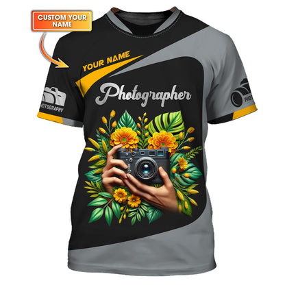 Camisetas con nombre personalizado para fotógrafos, cámara con flores amarillas, regalo de camiseta 3D para amantes de la fotografía