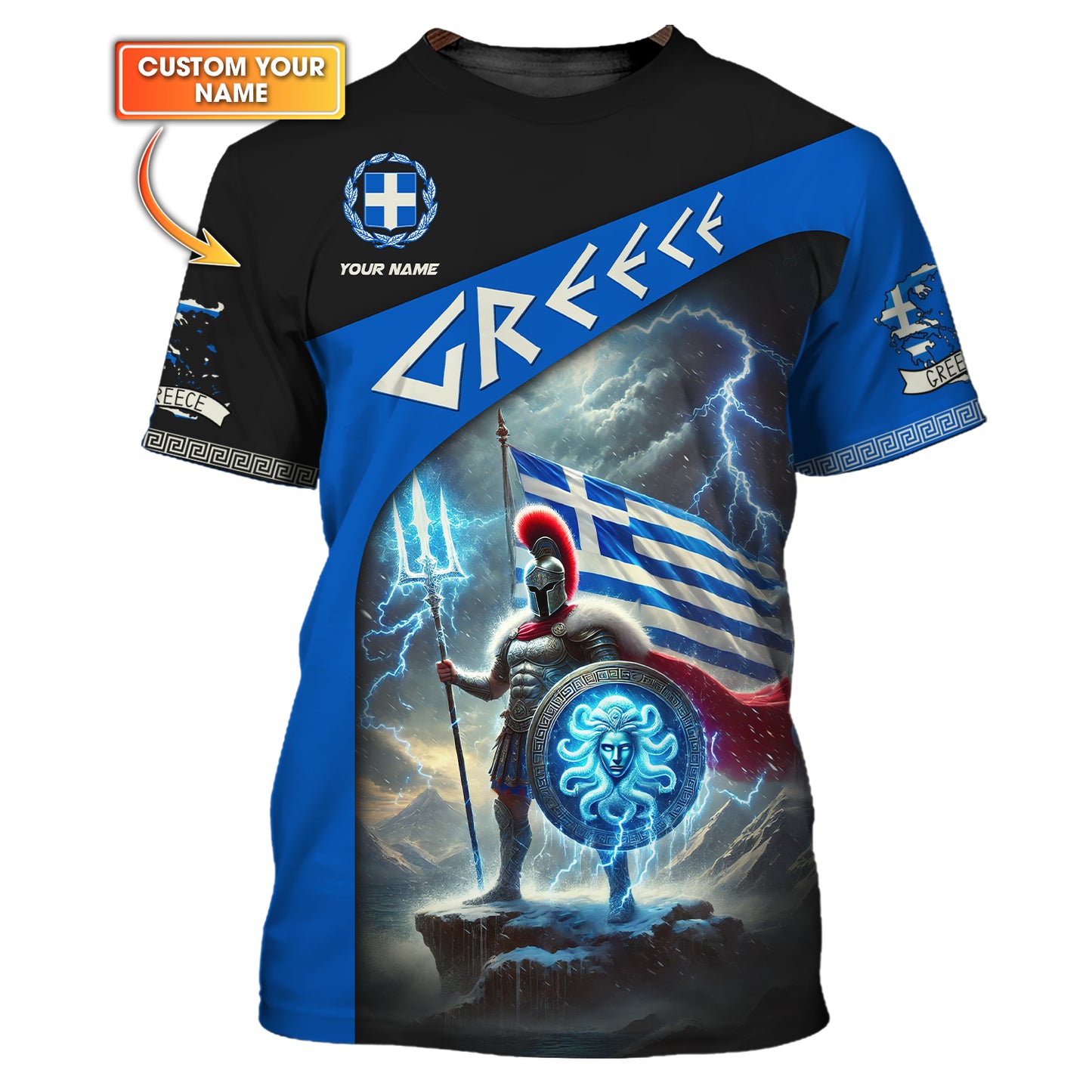 3D Full Print Greek Warrior With Flag And Lightning T-Shirt Personalized Name Gif For Greek Lovers