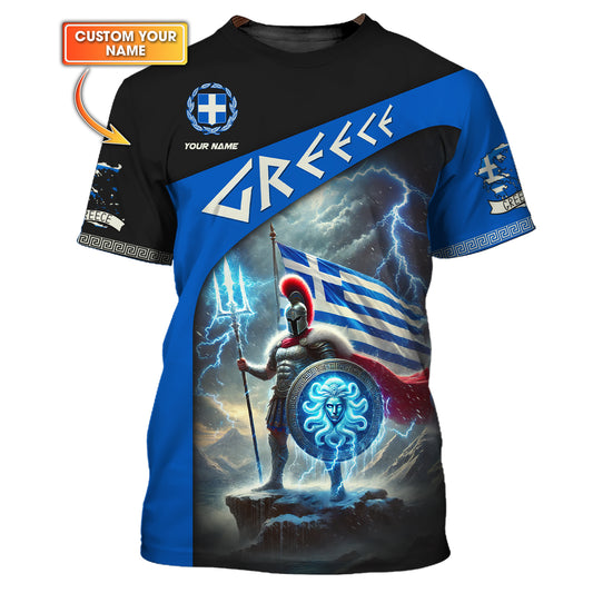 3D Full Print Greek Warrior With Flag And Lightning T-Shirt Personalized Name Gif For Greek Lovers