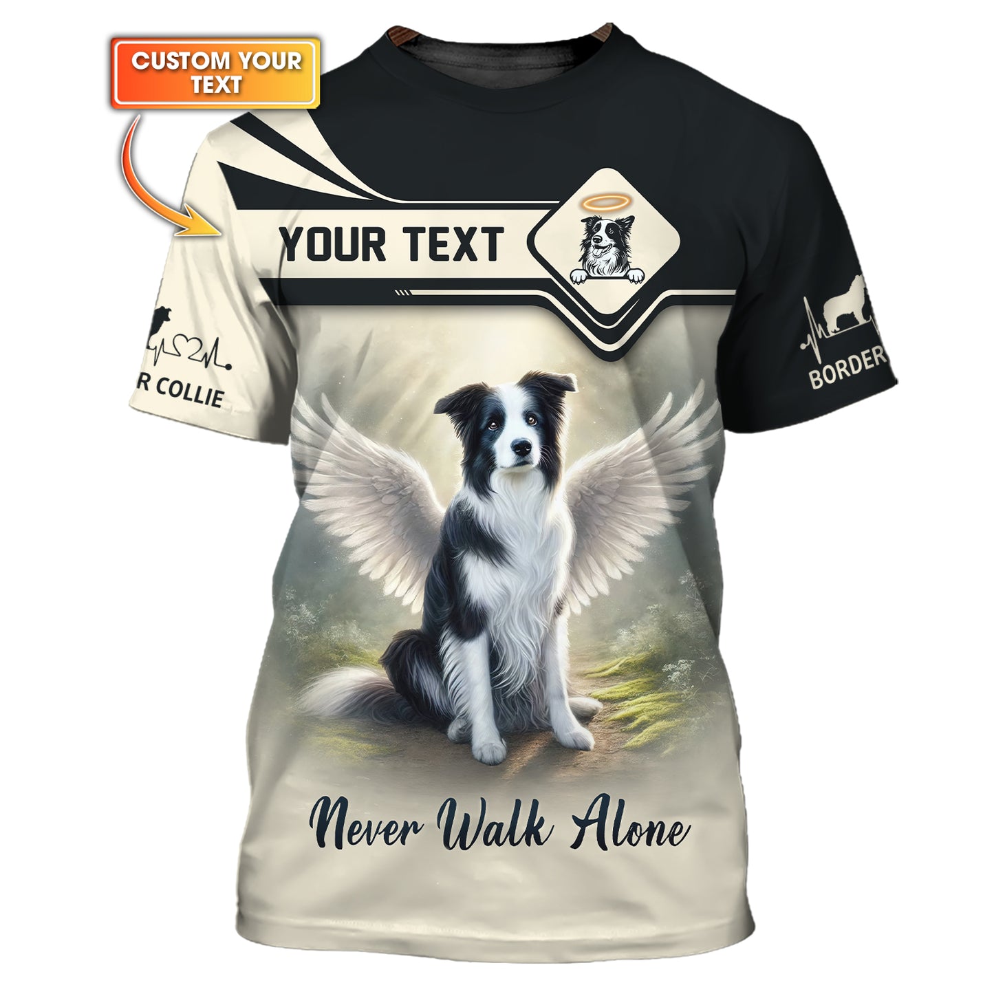 T-shirt personnalisé avec nom Border Collie en 3D, cadeau pour les amoureux des chiens, ne marchez jamais seul