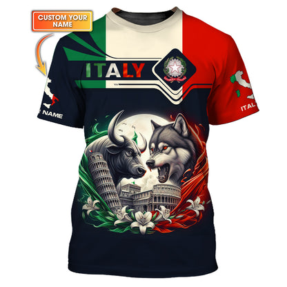 T-shirt Italie entièrement imprimé en 3D, cadeau personnalisé avec nom pour les amoureux italiens