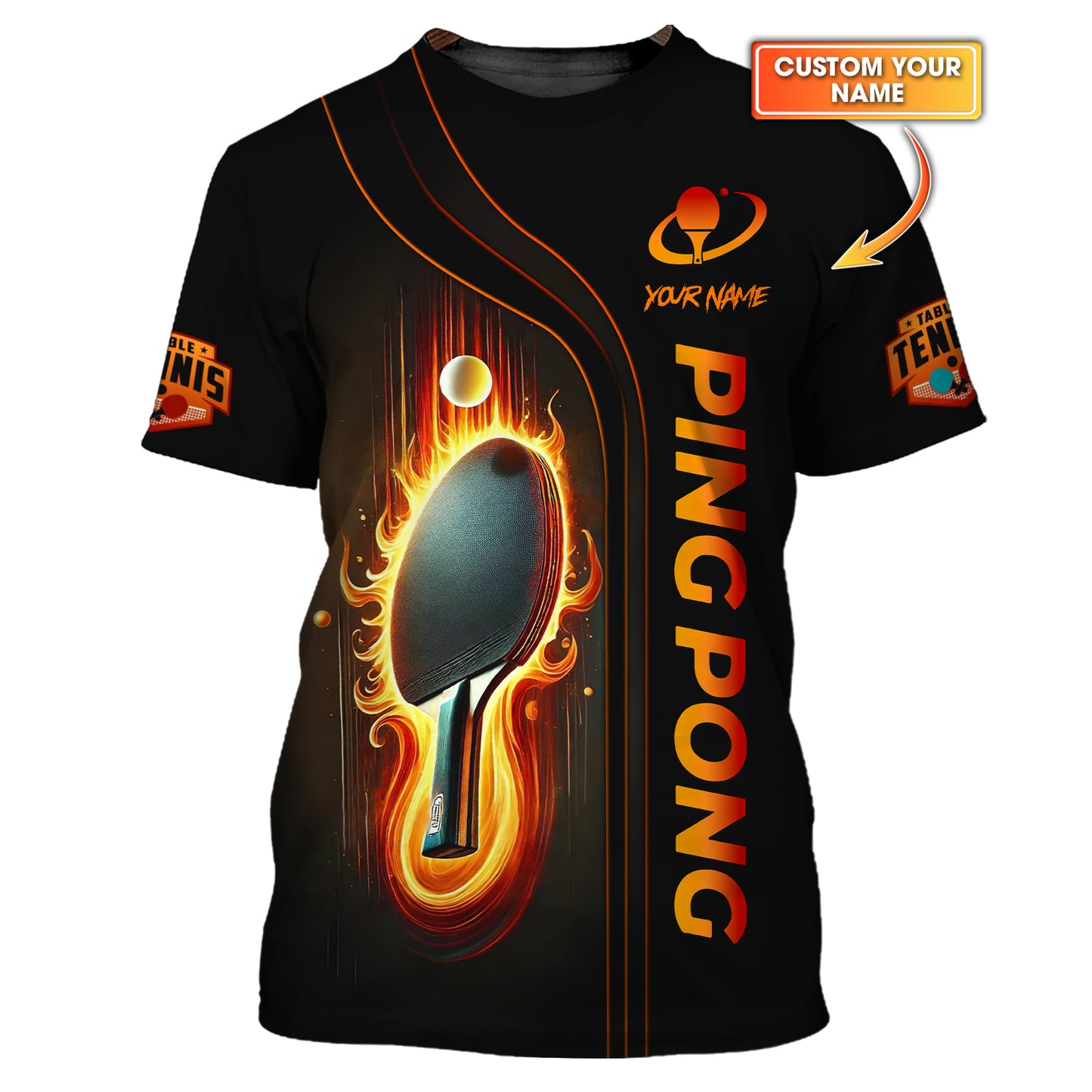 Camiseta de ping pong personalizada - Diseño Fiery Paddle