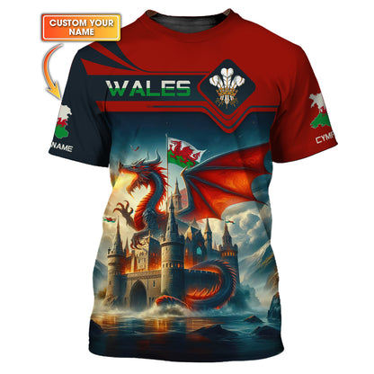 T-shirt imprimé en 3D avec dragon du Pays de Galles et château, cadeau personnalisé pour les amoureux du Pays de Galles