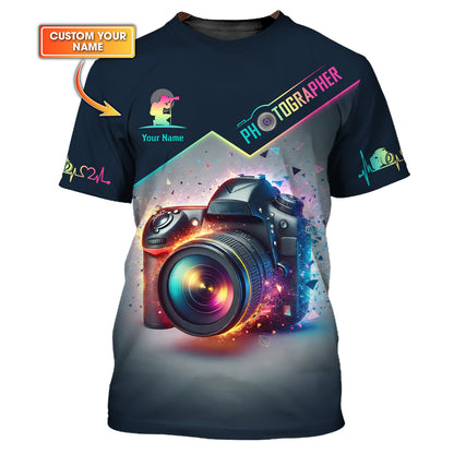 Camiseta con cámara colorida con impresión 3D completa, regalo personalizado con nombre para amantes de la fotografía