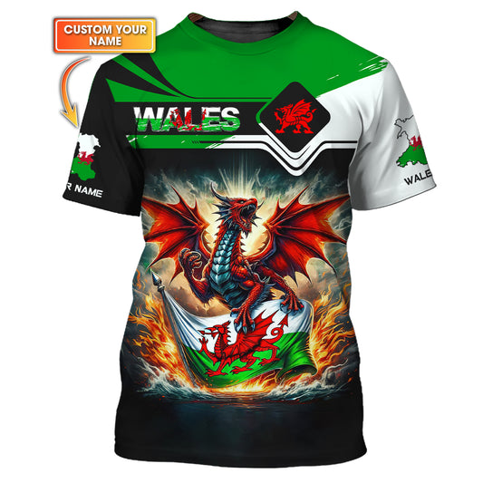 Camiseta personalizada con dragón rojo y bandera de Gales, nombre personalizado, camisetas 3D, regalo para amantes de Gales