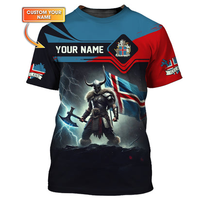 Custom Name T-Shirt Viking Warrior With Axe And Iceland Flag Gift For Icelandic Lover