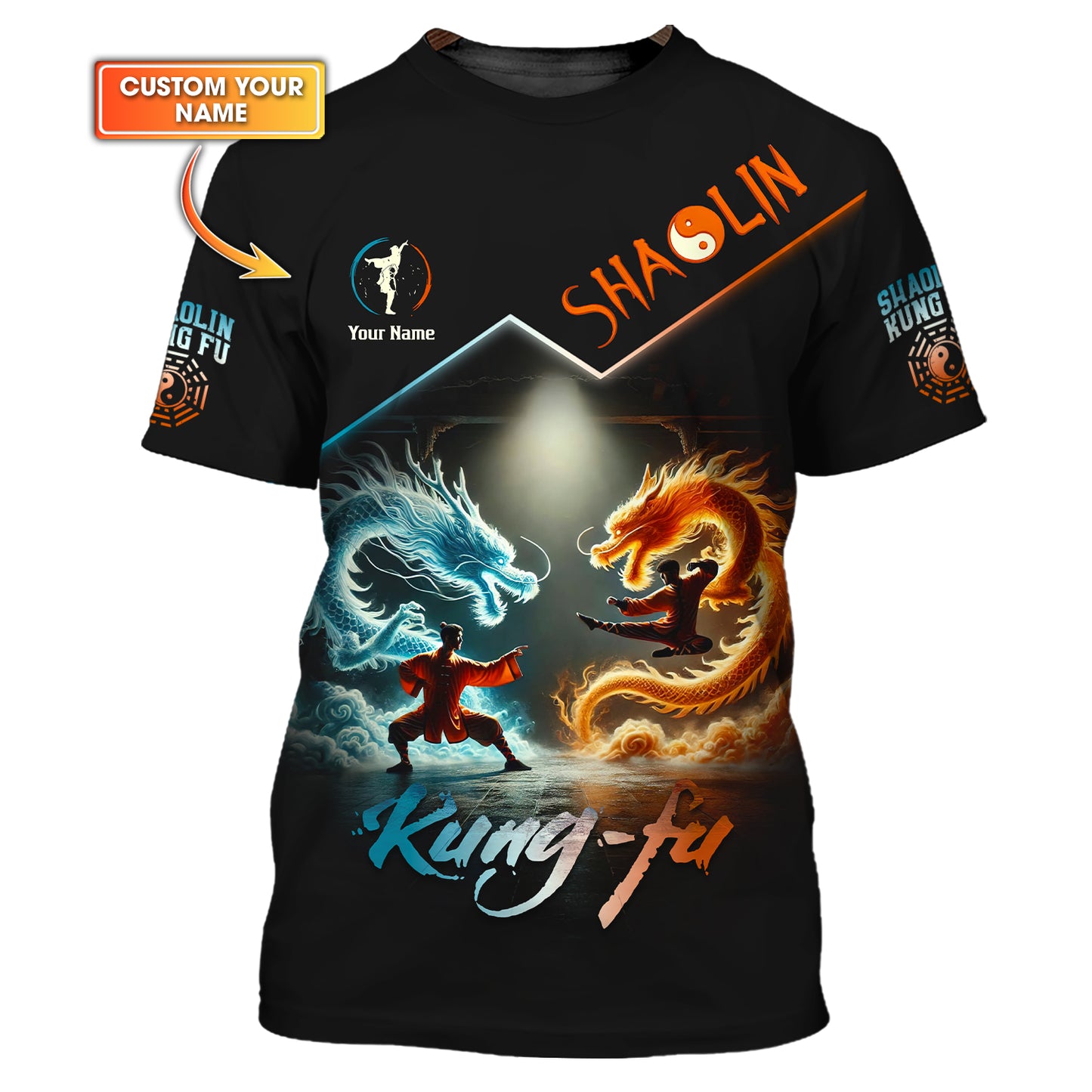 Camiseta con estampado 3D completo de dragón elemental de kungfu Shaolin, regalo con nombre personalizado para amantes del kungfu Shaolin