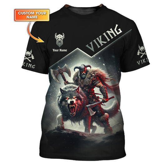 Custom Name 3D T-Shirt Viking Warrior With Wolf Gift For Viking Lovers