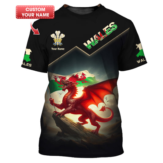 T-shirt personnalisé avec impression 3D Dragon Fighting Wales pour les amoureux du Pays de Galles