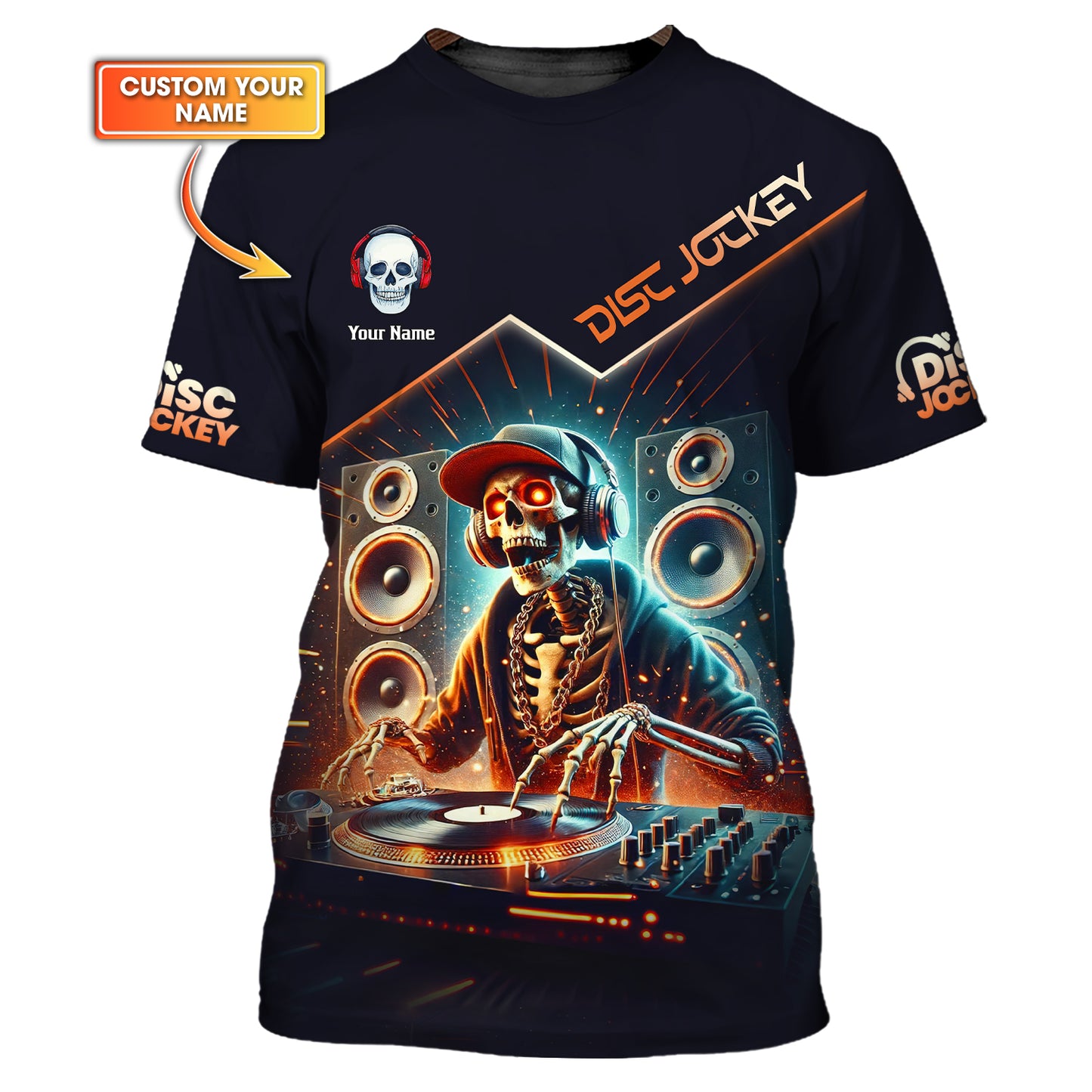 T-shirt personnalisé avec nom de Disc Jockey, cadeau pour les amateurs de Disc Jockey, crâne de DJ en 3D