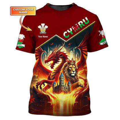 T-shirt imprimé en 3D avec dragon et roi lion du pays de Galles, nom personnalisé Gif pour les amoureux du pays de Galles