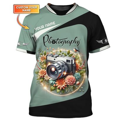 T-shirt personnalisé avec nom de photographe, appareil photo argentique avec fleurs, cadeau 3D pour les amoureux des photographes