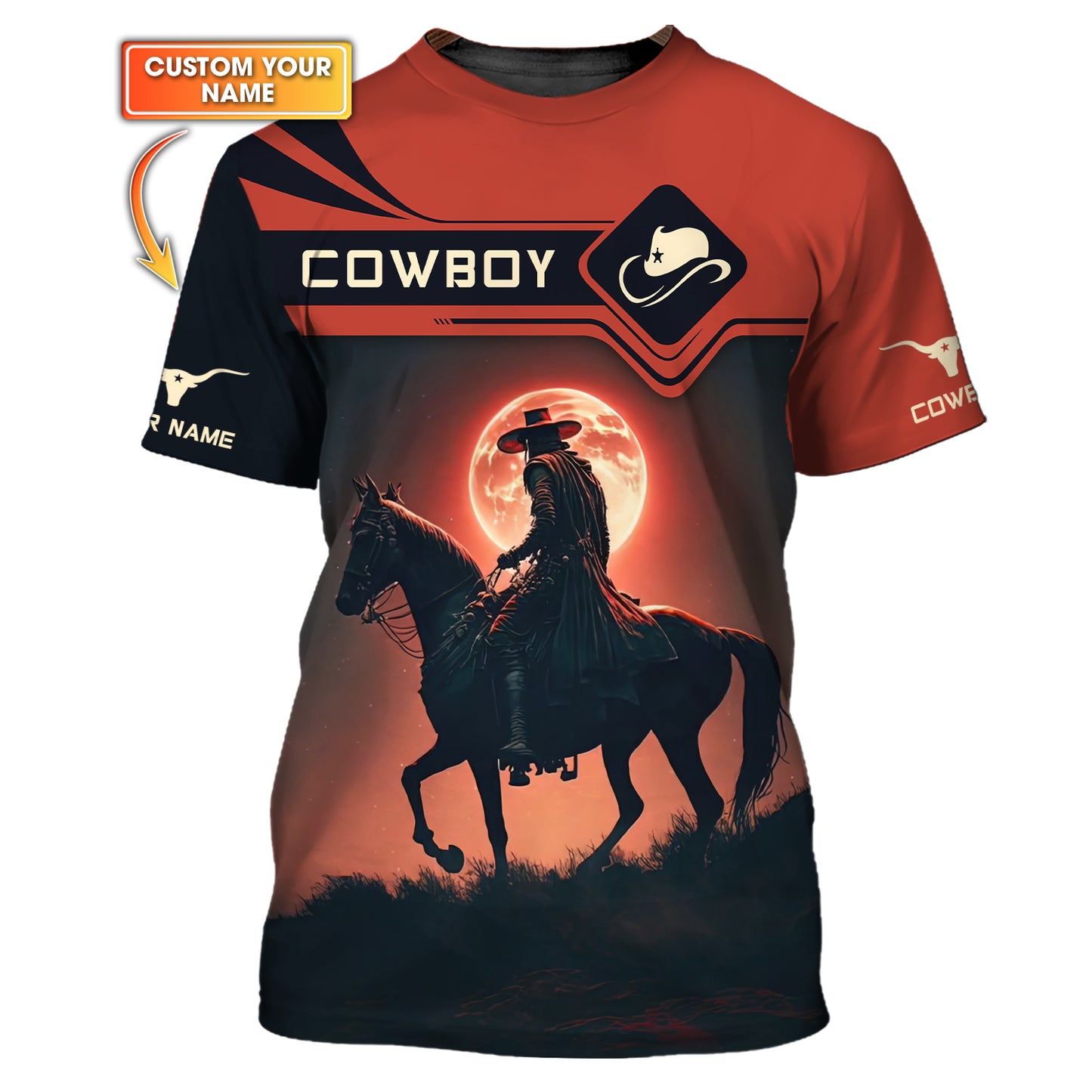 Camisetas de vaquero con luna roja y estampado completo en 3D, regalo con nombre personalizado para amantes de los vaqueros