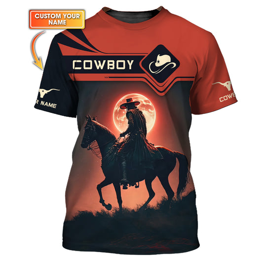 3D Full Print Cowboy With Red Moon T-Shirts Personalized Name Gift For Cowboy Lovers