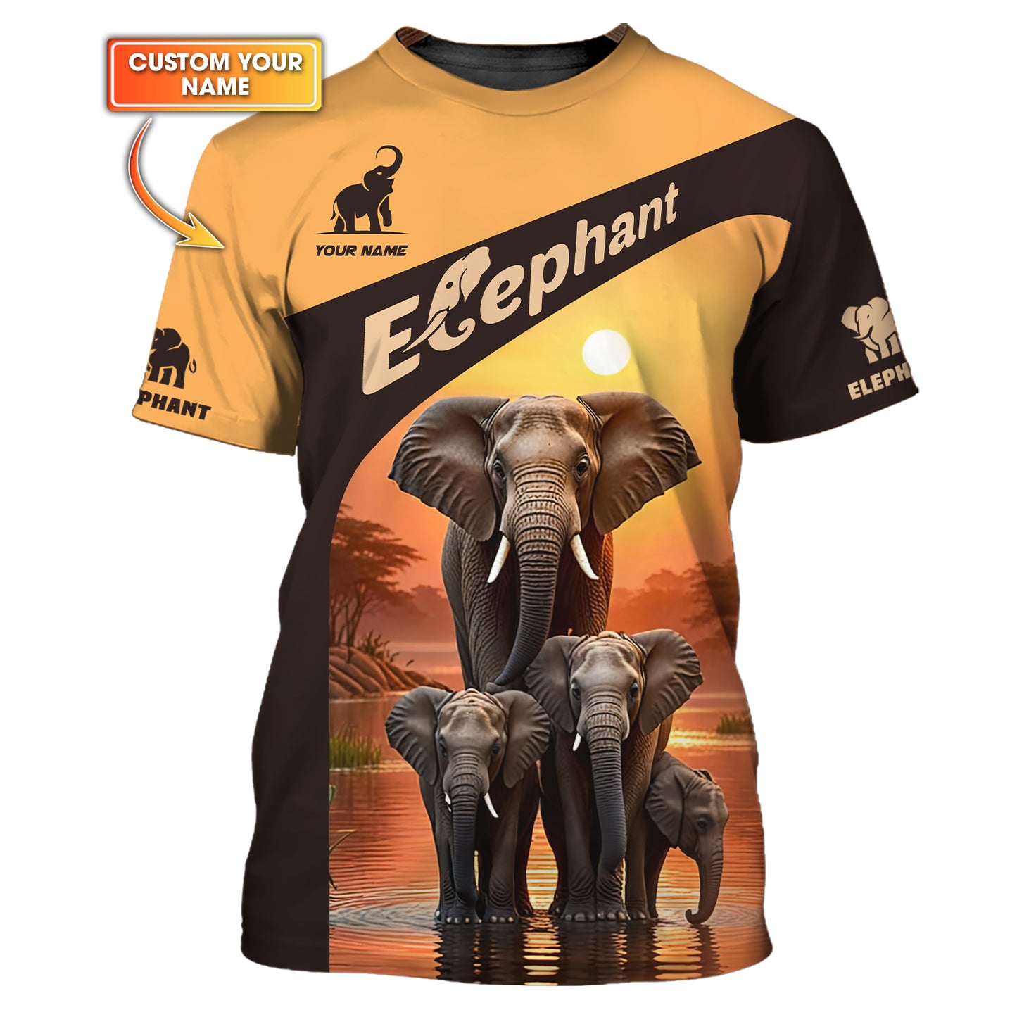 3D Full Print Sunset Elephant T-Shirt Personalized Name Gift For Elephant Lovers