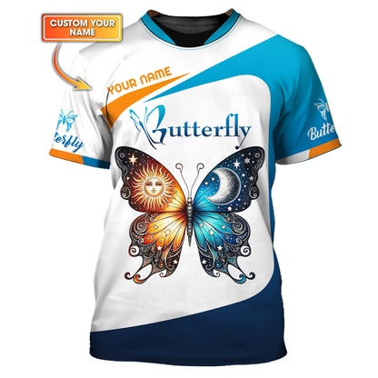 Camiseta con estampado 3D completo de sol y luna combinada en mariposas, regalo con nombre personalizado para amantes de las mariposas