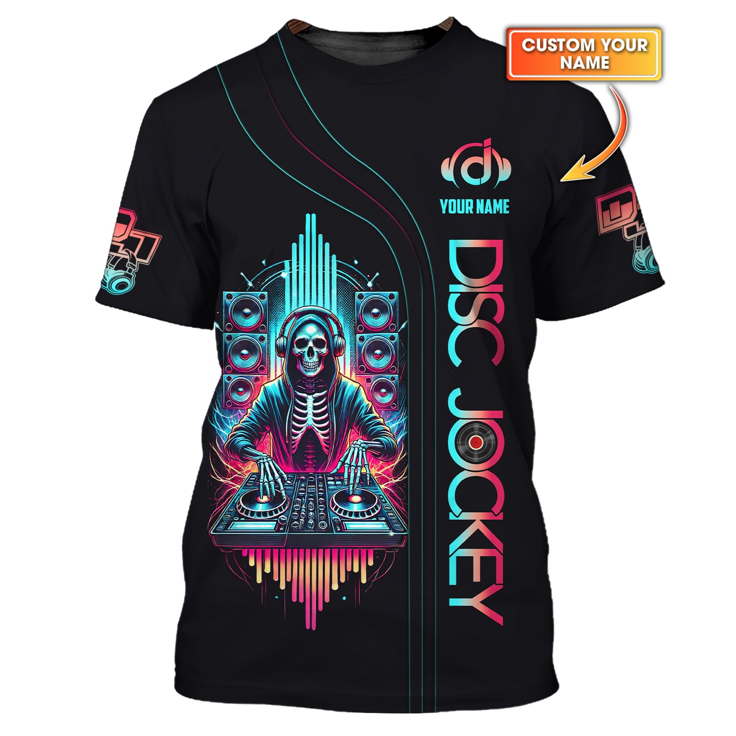 Camisetas de esqueleto de DJ con impresión 3D completa, regalo con nombre personalizado para amantes de los disc jockeys