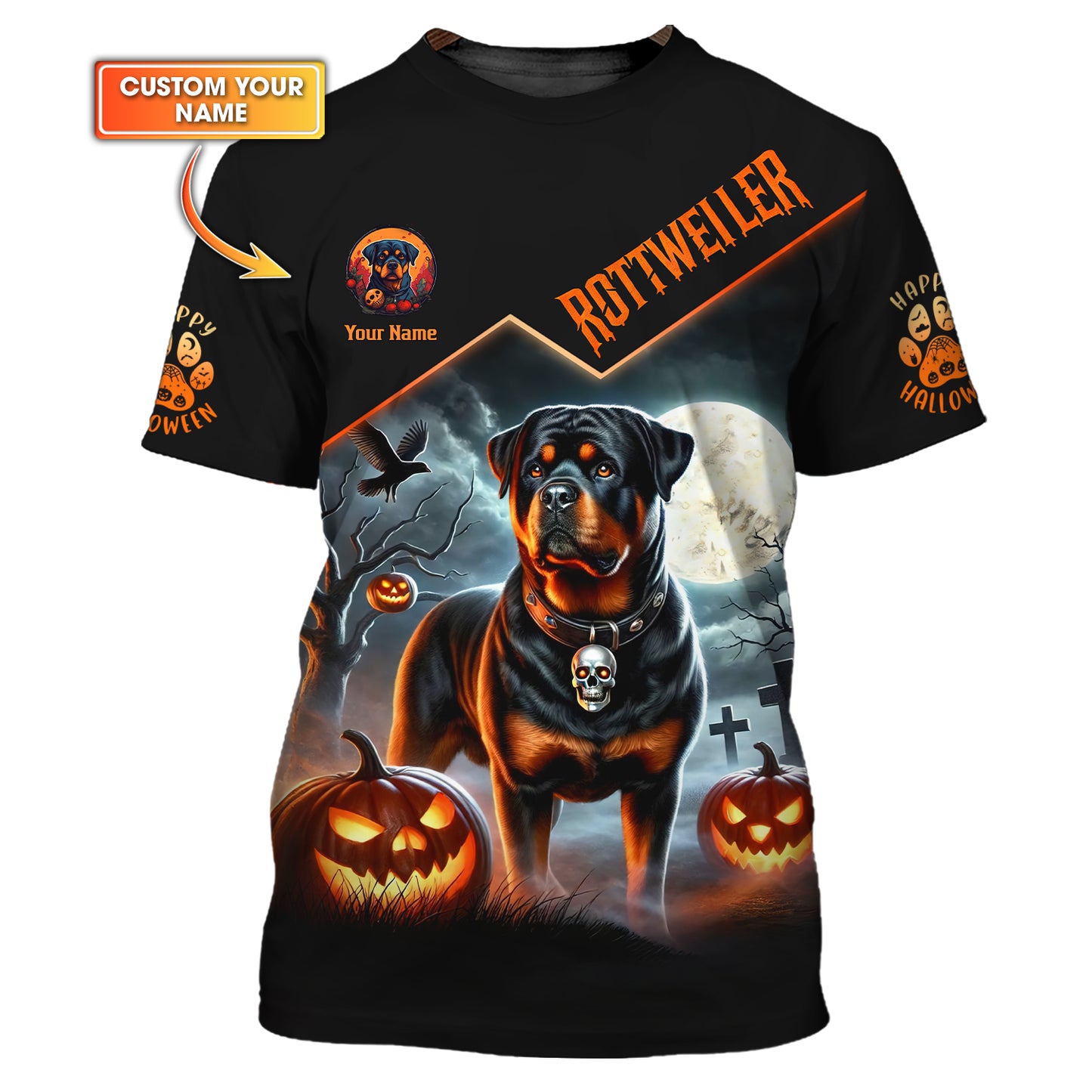 T-shirts personnalisés 3D avec nom joyeux Halloween Rottweiler avec chemise d'Halloween citrouille