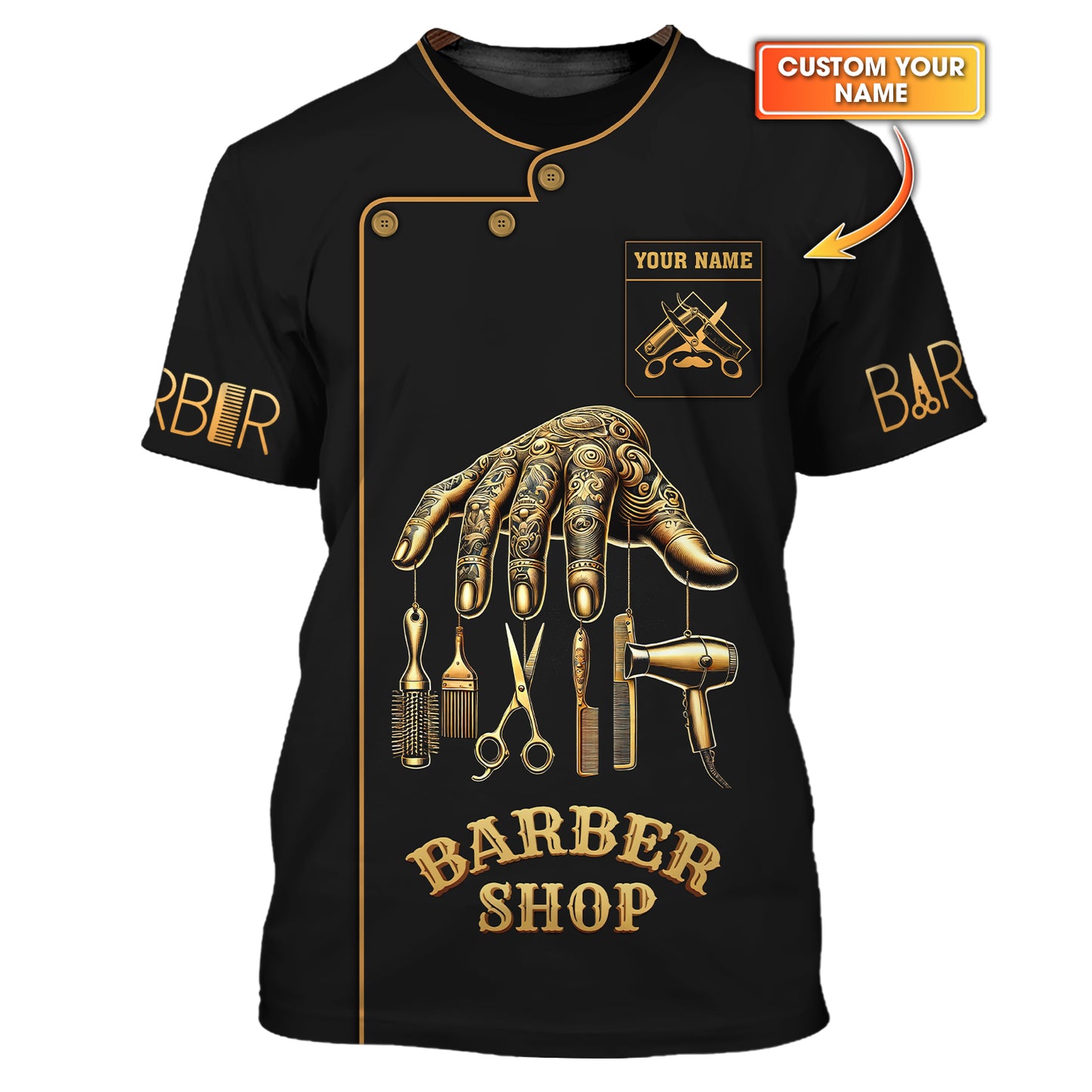 Barber Custom Name 3D T-Shirts Golden Hand In Barbering Shirt Gift For Barber Lovers