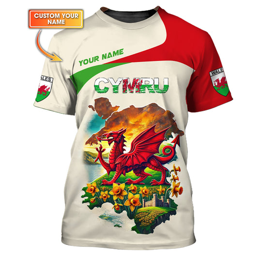 T-shirt imprimé en 3D avec dragon et roi lion du pays de Galles, nom personnalisé Gif pour les amoureux du pays de Galles