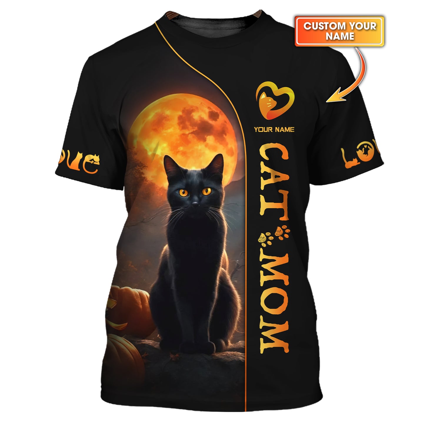 Chat noir avec lune Nom personnalisé Chat Maman T-shirt 3D Cadeau pour les amoureux des chats