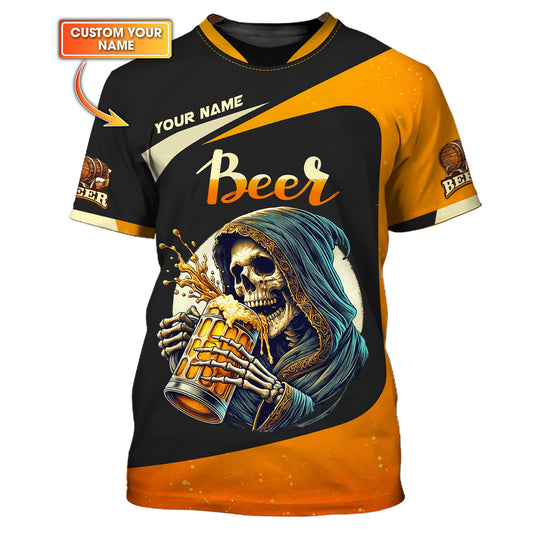 T-shirt personnalisé avec nom de squelette buvant de la bière, cadeau personnalisé pour les amateurs de bière