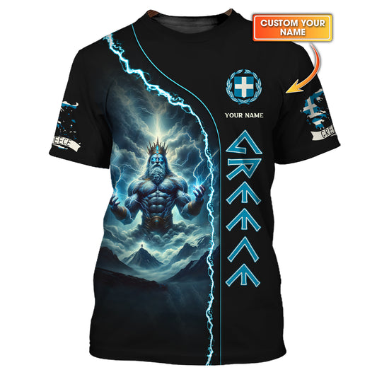 T-shirt 3D personnalisé avec nom Zeus Grèce, cadeau personnalisé pour les amoureux de la Grèce