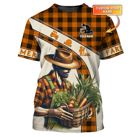 T-shirt imprimé en 3D avec le nom personnalisé du fermier et son panier de légumes, cadeau pour les amoureux du fermier