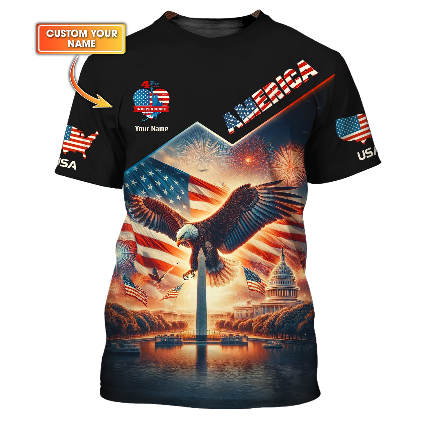 Camiseta unisex, camiseta americana con nombre personalizado, águila americana, camiseta para amantes de Estados Unidos