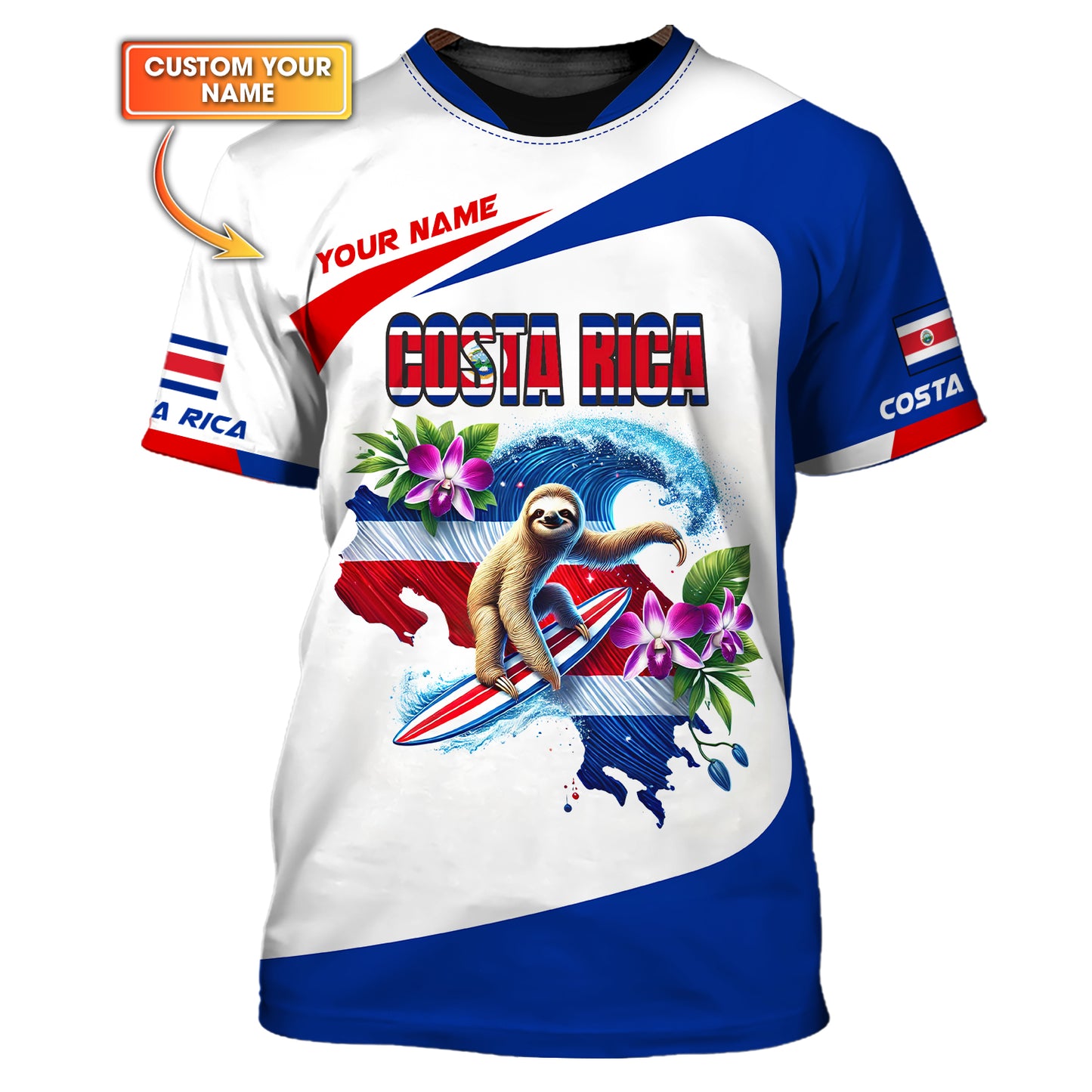 Custom Name 3D T-Shirts Sloth Surfing With Costa Rica Map Shirt Gift For Costa Rica Lovers