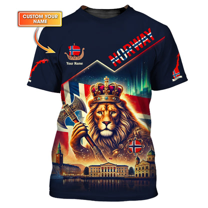 Le Roi Lion avec le drapeau norvégien Nom personnalisé T-shirt 3D Cadeau personnalisé pour les amoureux norvégiens