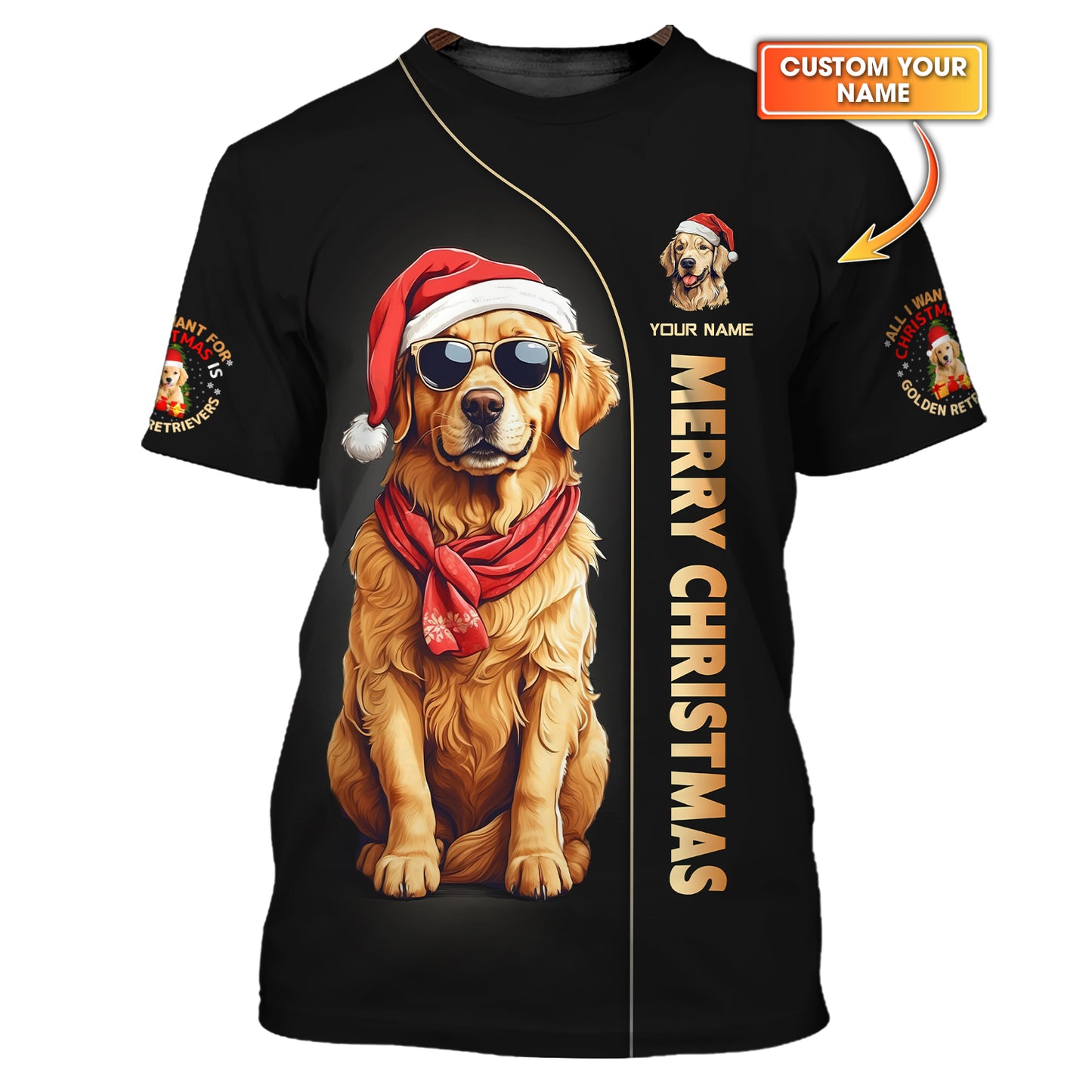 Golden Retriever Merry Christmas Custom Name 3D Shirt Gift For Dog Lover