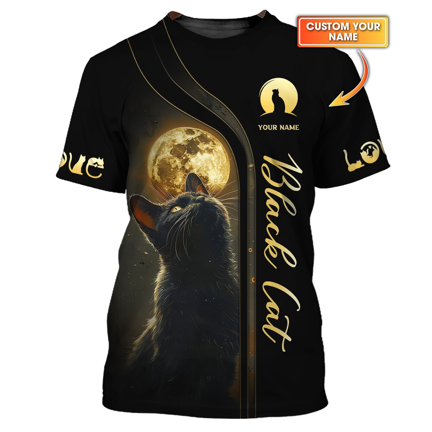 Camiseta con estampado 3D completo de gato negro y luna misteriosa, regalo personalizado con nombre para amantes de los gatos