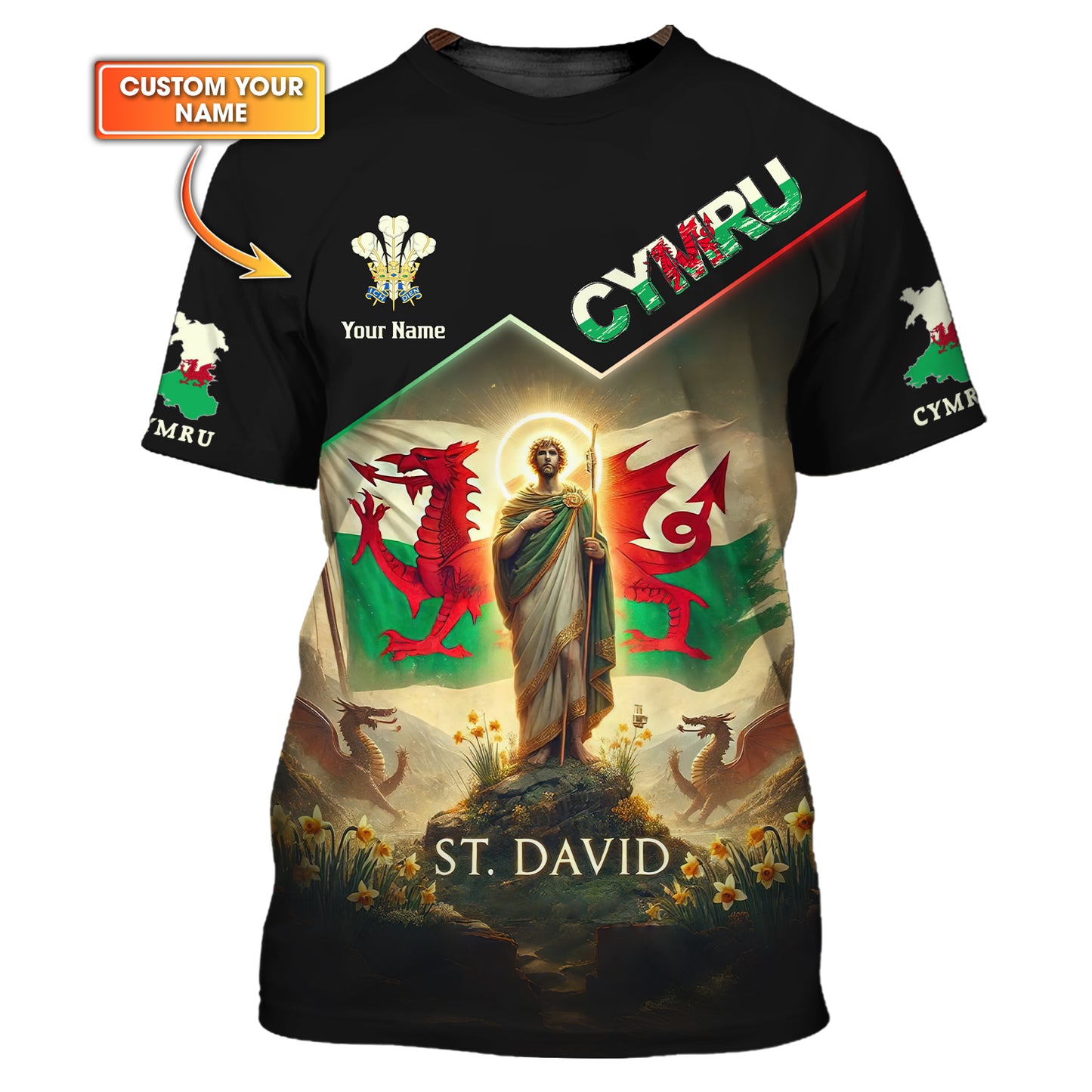 3D Full Print St.David With Wales Flag Shirt Personalized Name Gif For Wales Lovers