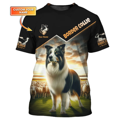 T-shirts 3D Full Print Border Collie On Sheep Farm Cadeau personnalisé avec nom pour les amoureux des chiens